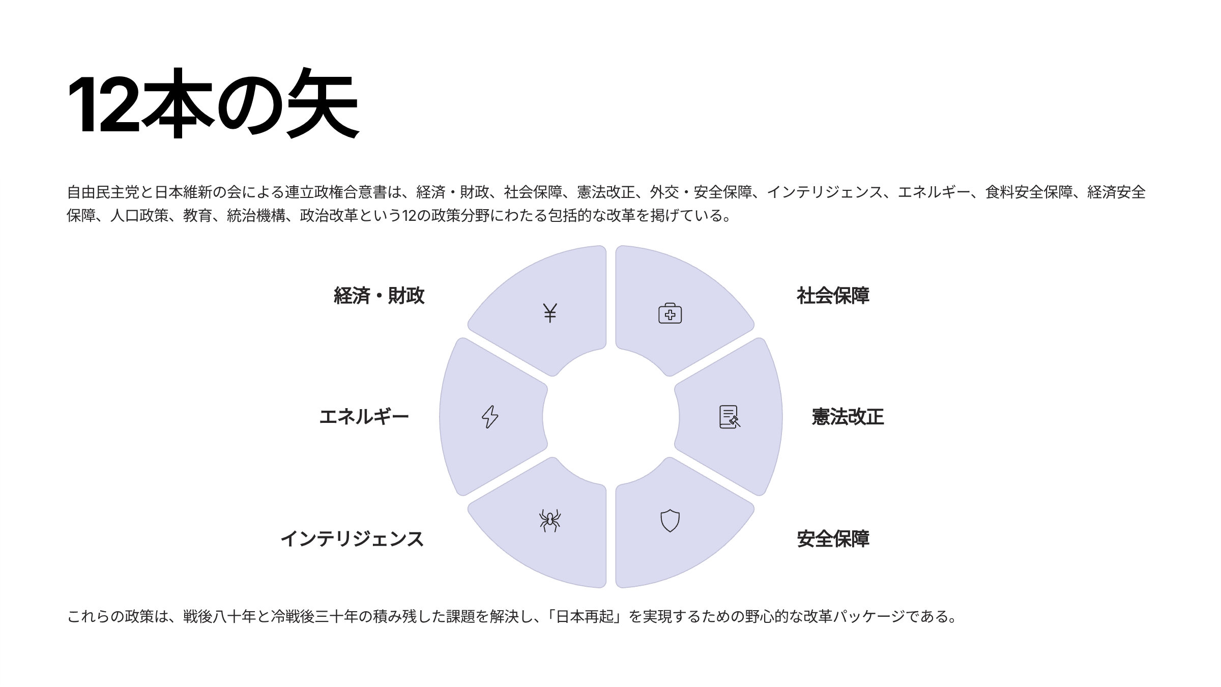 連立政権合意の12本の矢（経済・財政、社会保障、憲法改正、安全保障、インテリジェンス、エネルギーなどの全体像）