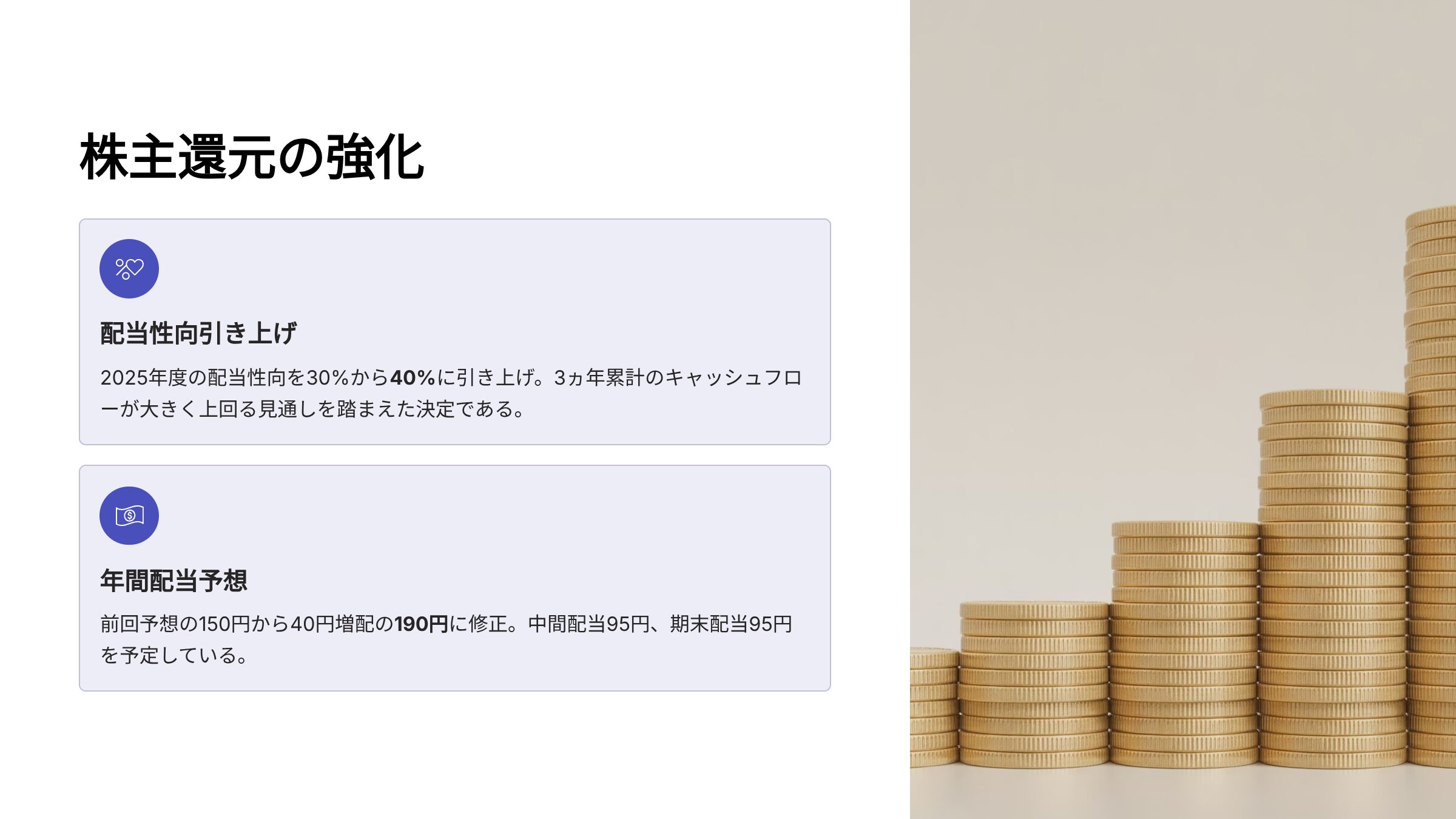 フジクラ 株主還元の強化（配当性向40％・年間配当190円）